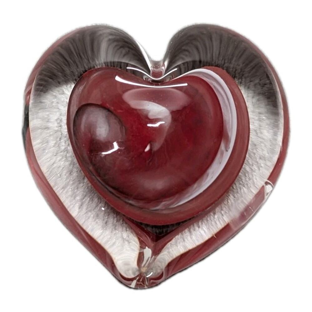 Kathy Sherman Art Glass Heart Paperweight Signed Dated 2004 Red Clear